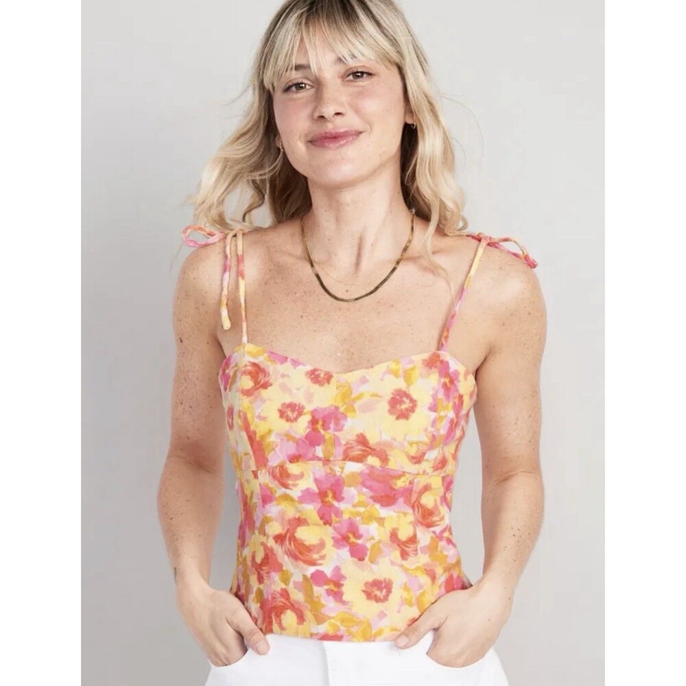 NWT Old Navy Floral Bustier Top Tank Smocked Back Fitted Tie Strap Small Linen - Picture 3 of 10